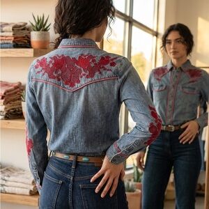 Stetson Denim Shirt with Red Embroidery western pearl snap